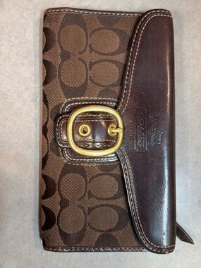 Coach Brown Signature Canvas Wallet with Dark Brown Leather and Gold Buckle